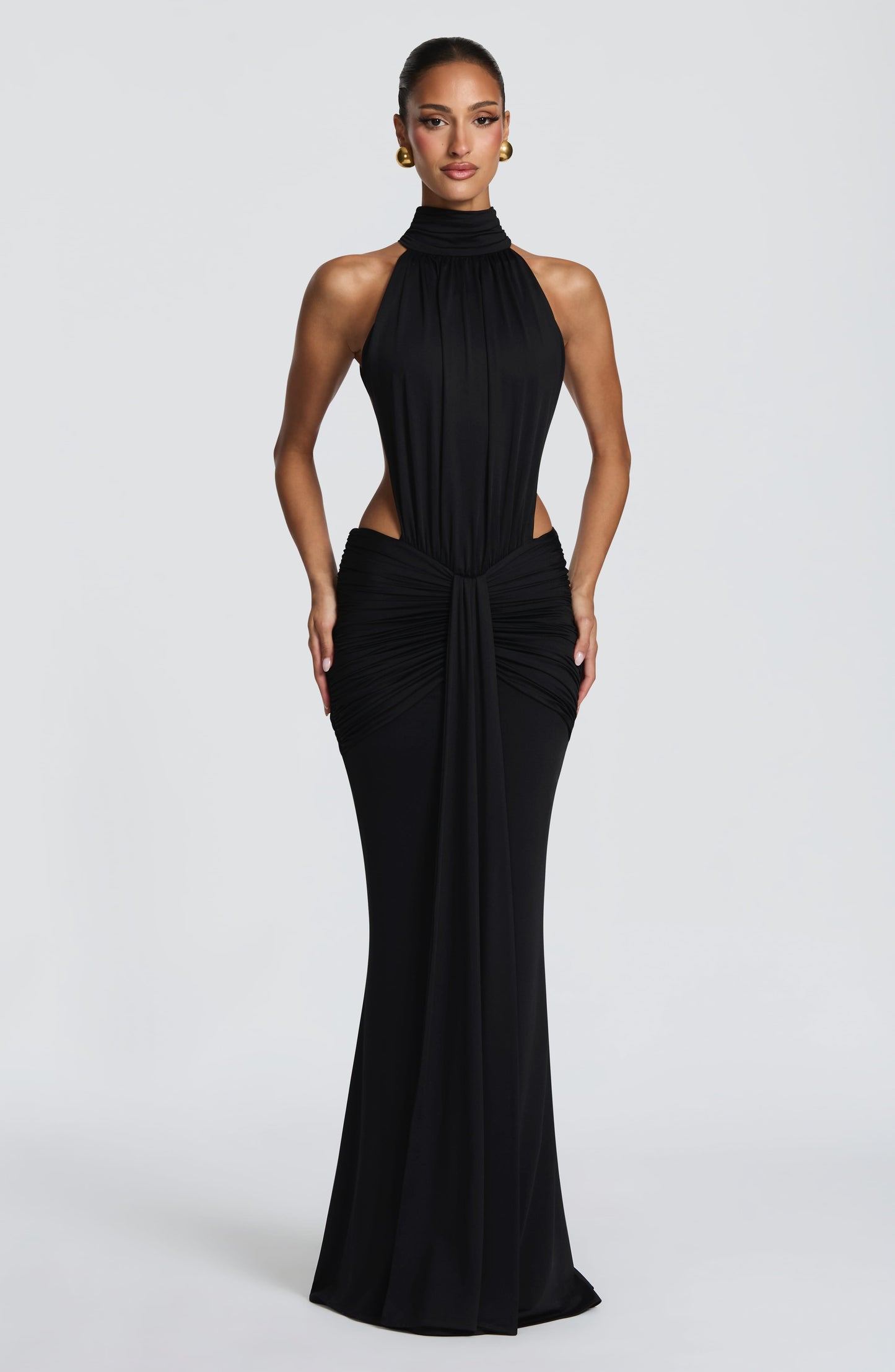 Women's Black Ruched Backless Halter Maxi Dress