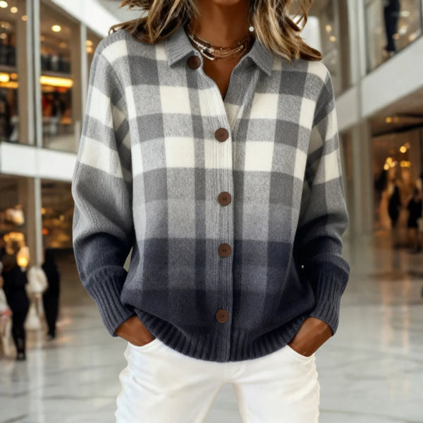 Women's Button Front Gray Ombre Buffalo Plaid Cardigan Sweater