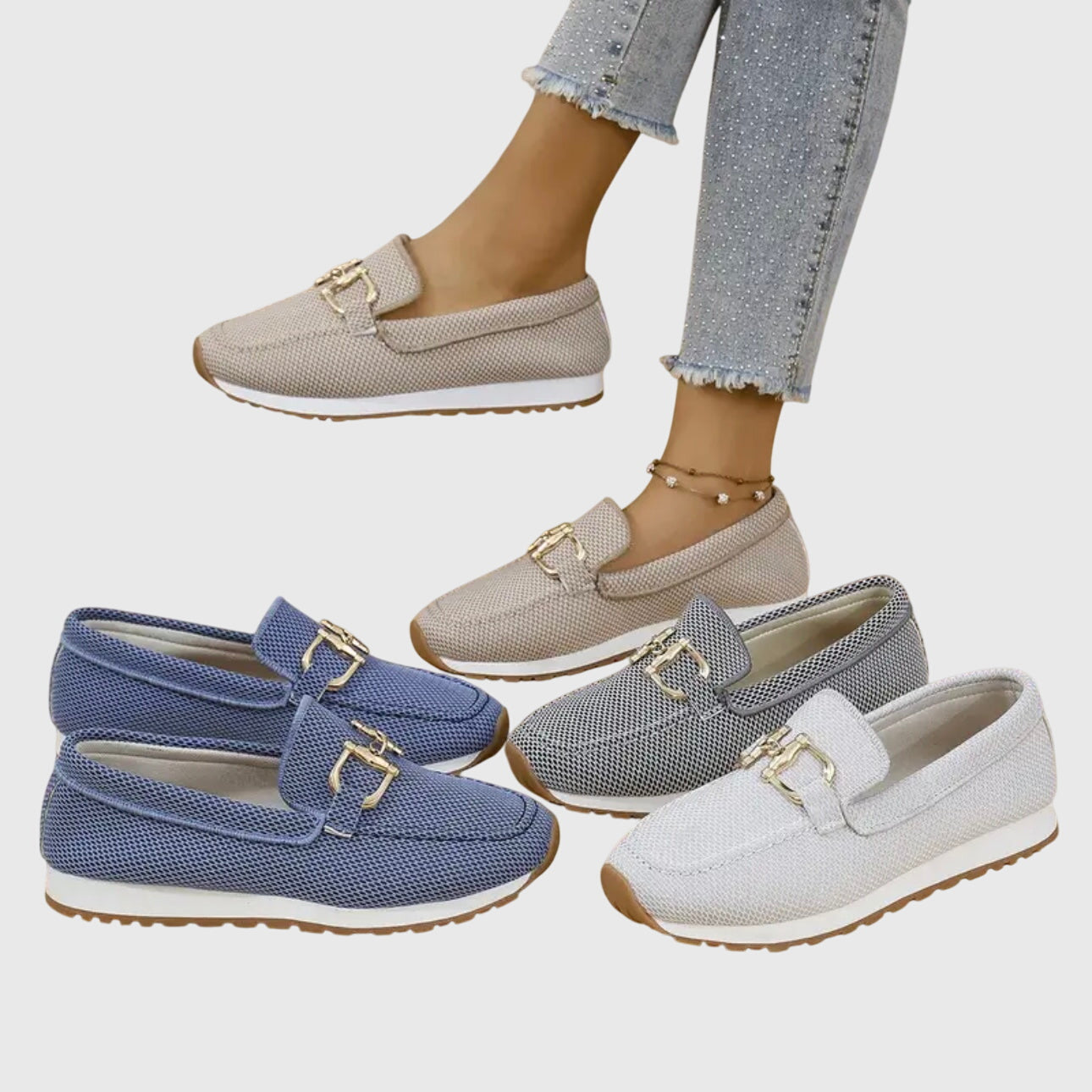 Multiple horsebit loafers in blue, gray, beige and white mesh styles