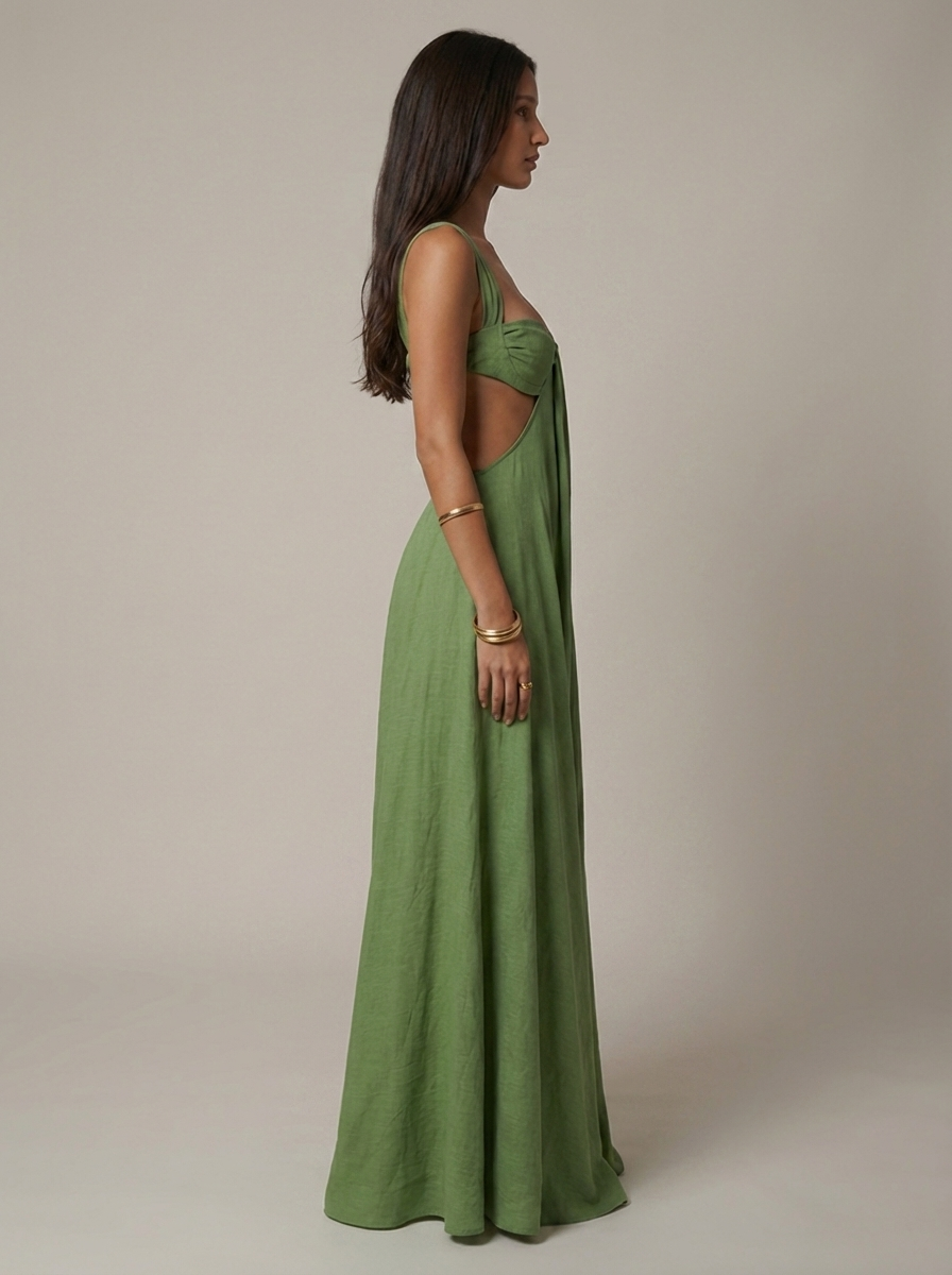 Women's Olive Green V-Neck Summer Wedding Guest Maxi Dress