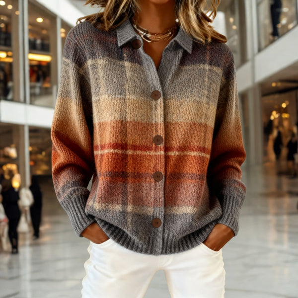 Women's Ombre Plaid Collared Button Down Cardigan Sweater