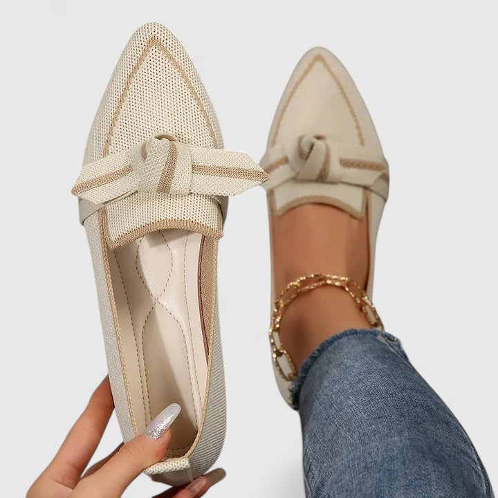 Beige textured pointed toe slip-on loafer with cream bow knot and padded insole