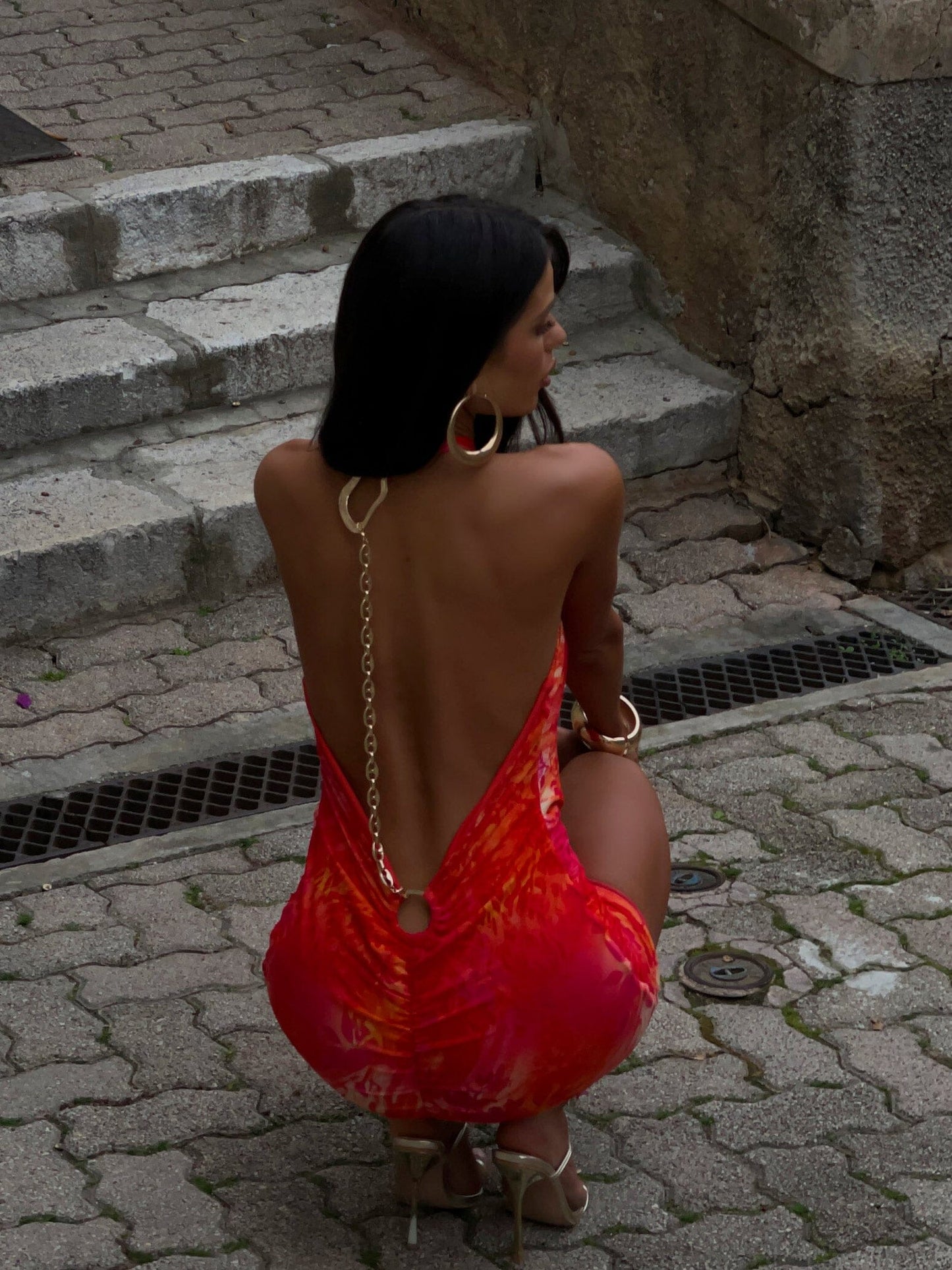 Women's Red Printed Halter Mini Wedding Guest Dress
