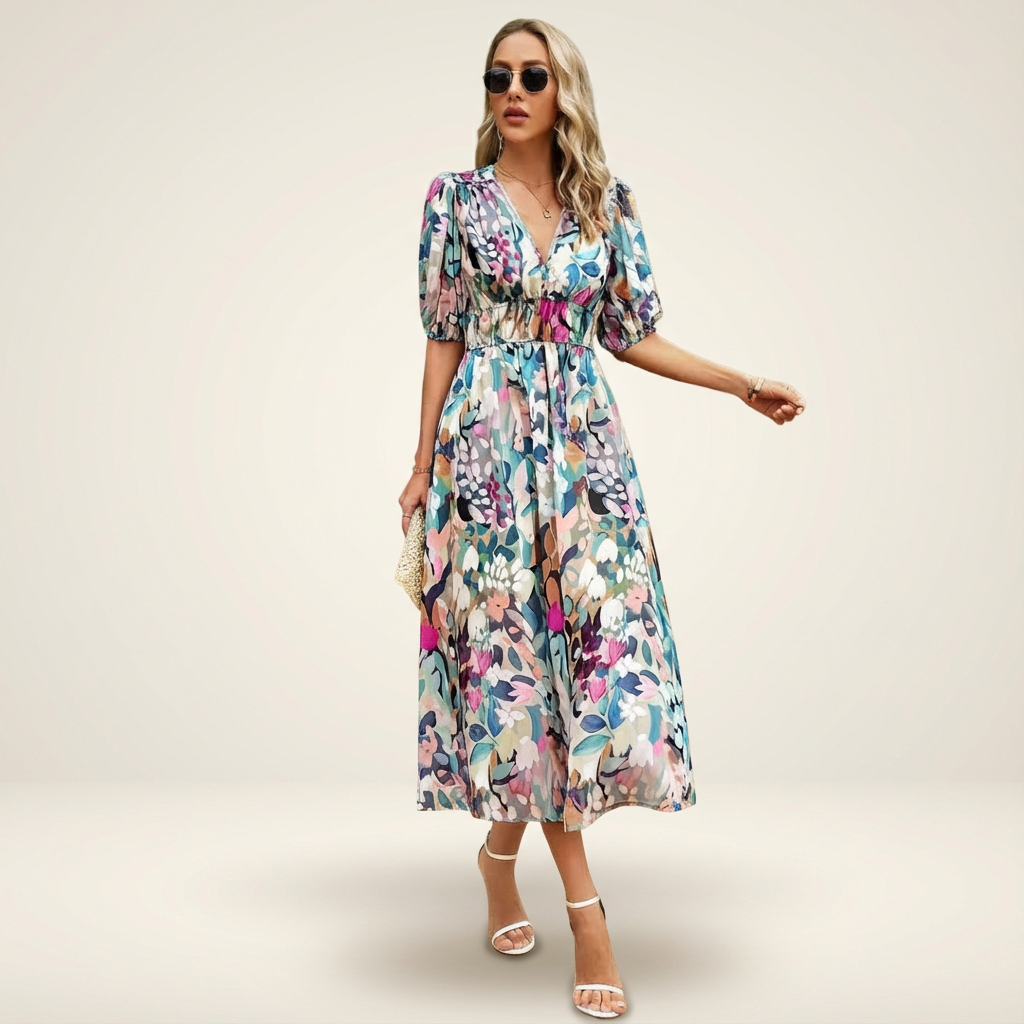 Women multicolor floral midi dress with V-neckline and mid-length puffed sleeves