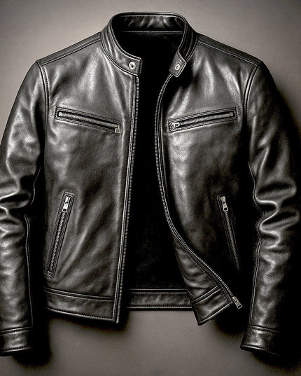Men's Band-Collar Full-Zip Leather Moto Biker Jacket