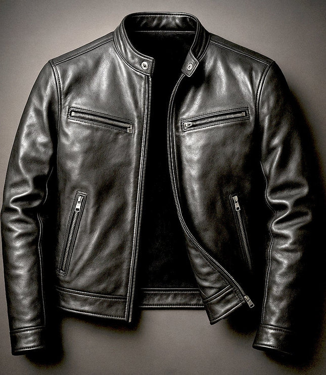 Men's Band-Collar Full-Zip Leather Moto Biker Jacket