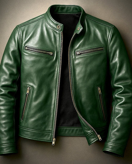 Men's Band-Collar Full-Zip Leather Moto Biker Jacket