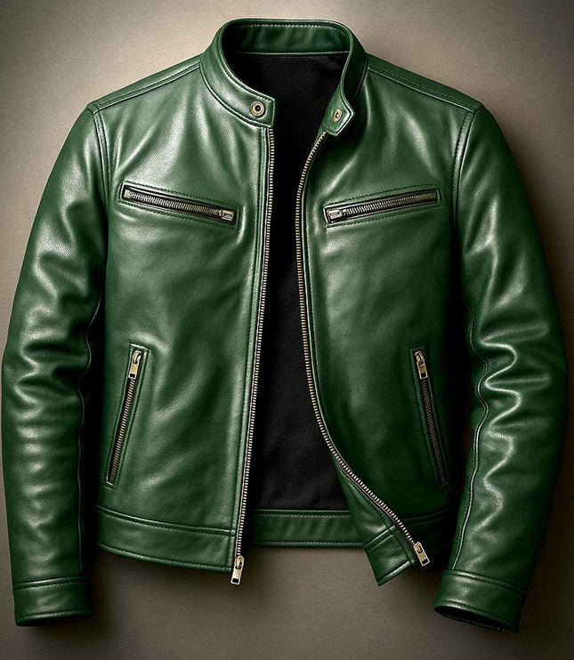 Men's Band-Collar Full-Zip Leather Moto Biker Jacket
