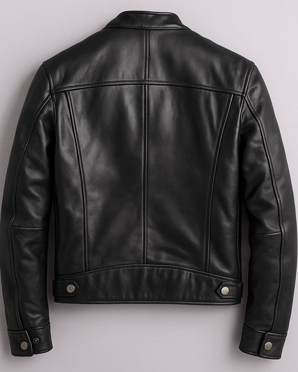 Men's Band-Collar Full-Zip Leather Moto Biker Jacket