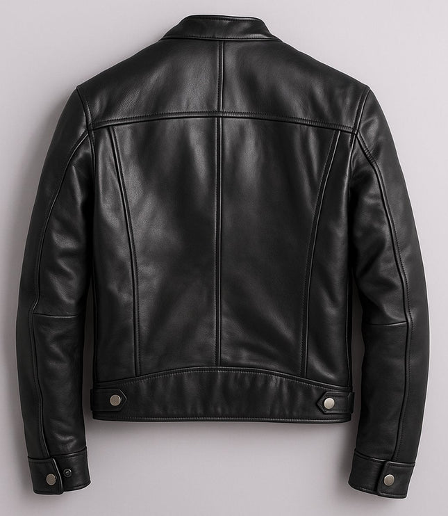 Men's Band-Collar Full-Zip Leather Moto Biker Jacket