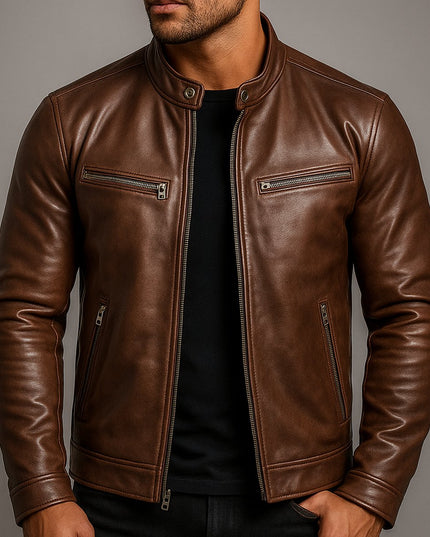 Men's Band-Collar Full-Zip Leather Moto Biker Jacket