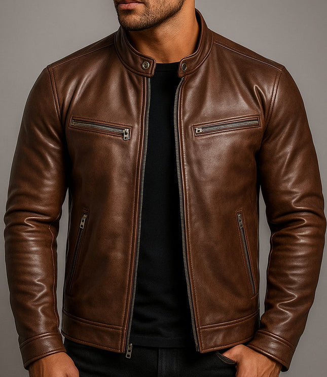 Men's Band-Collar Full-Zip Leather Moto Biker Jacket