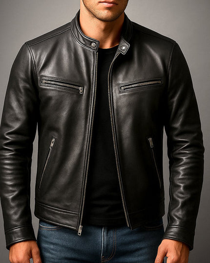Men's Band-Collar Full-Zip Leather Moto Biker Jacket