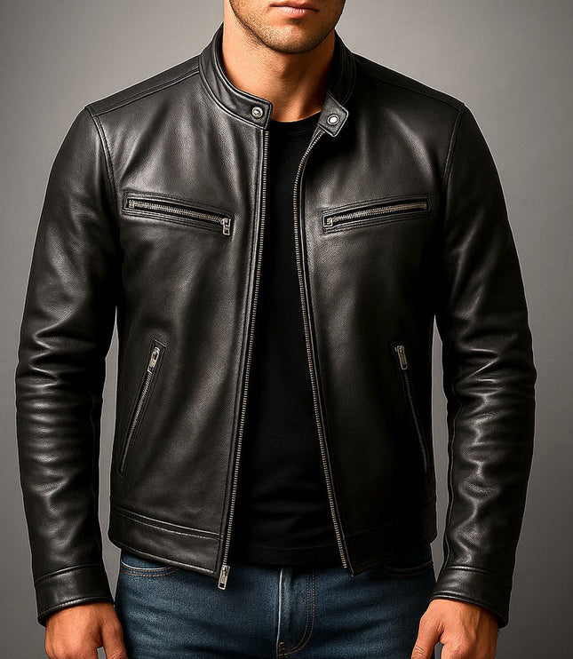 Men's Band-Collar Full-Zip Leather Moto Biker Jacket