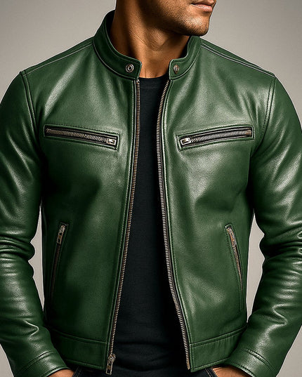 Men's Band-Collar Full-Zip Leather Moto Biker Jacket