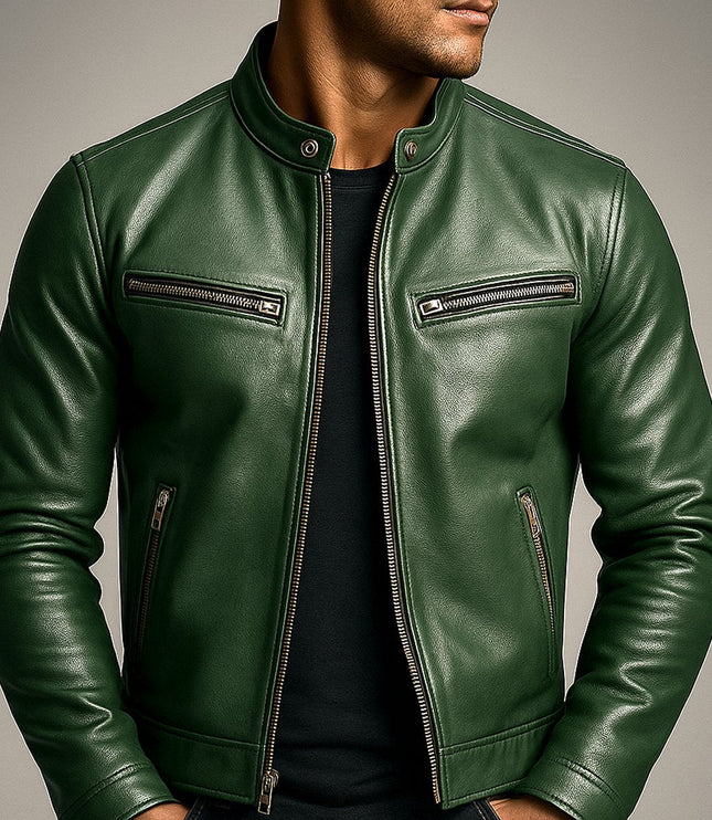 Men's Band-Collar Full-Zip Leather Moto Biker Jacket