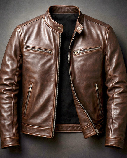 Men's Band-Collar Full-Zip Leather Moto Biker Jacket