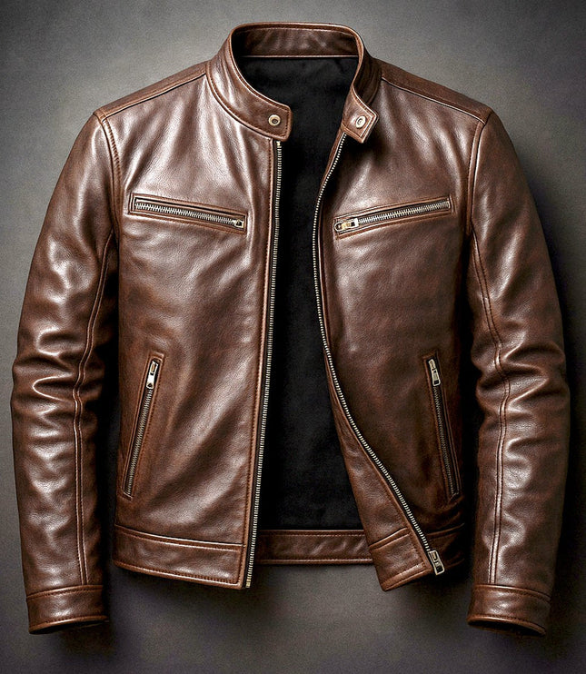 Men's Band-Collar Full-Zip Leather Moto Biker Jacket