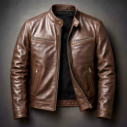 Men's Band-Collar Full-Zip Leather Moto Biker Jacket