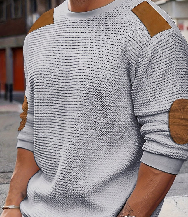 Men's Crewneck Pullover Sweater, Waffle Knit Elbow Patch