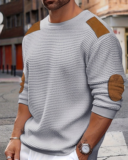 Men's Crewneck Pullover Sweater, Waffle Knit Elbow Patch