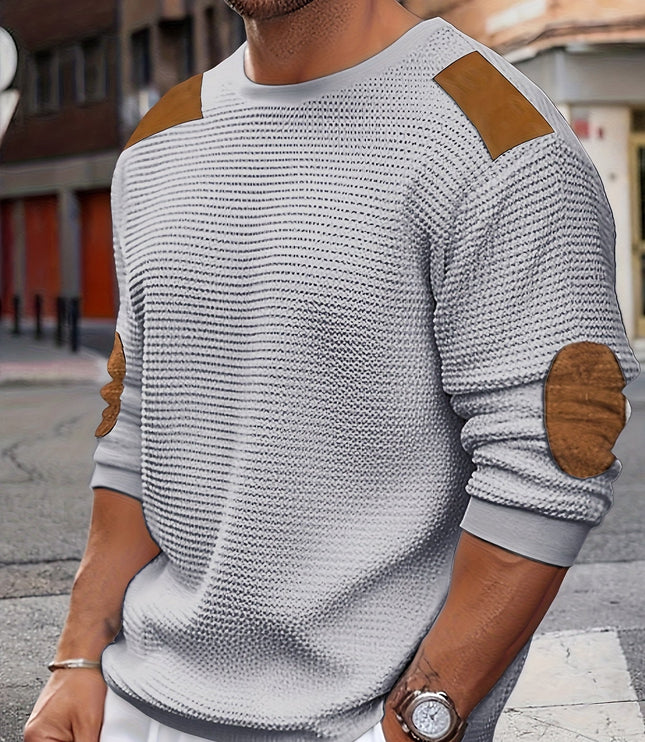 Men's Crewneck Pullover Sweater, Waffle Knit Elbow Patch