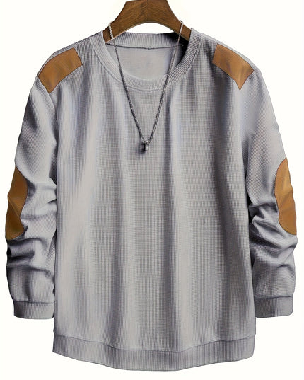 Men's Crewneck Pullover Sweater, Waffle Knit Elbow Patch