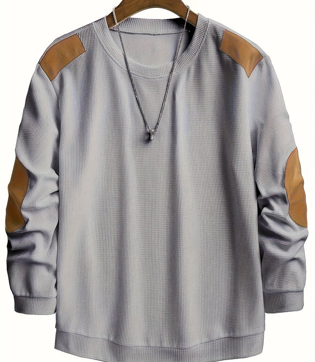 Men's Crewneck Pullover Sweater, Waffle Knit Elbow Patch