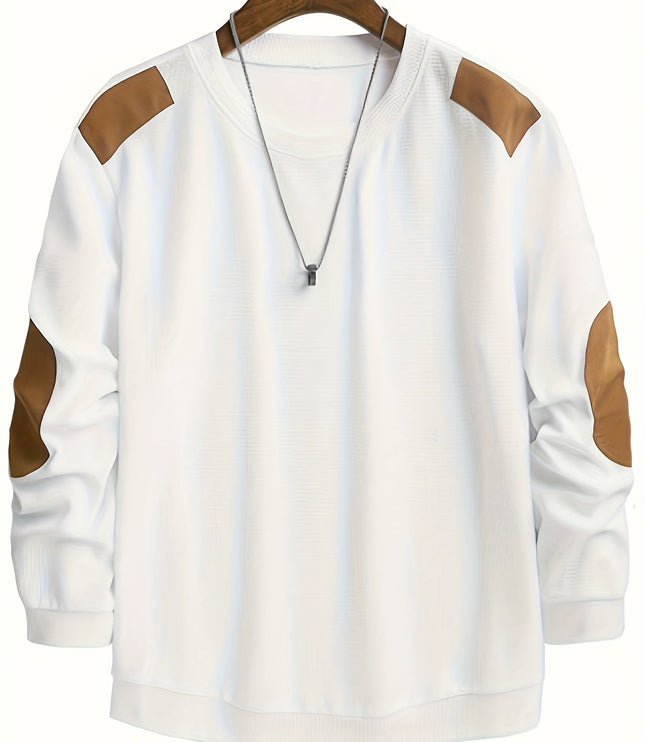 Men's Crewneck Pullover Sweater, Waffle Knit Elbow Patch
