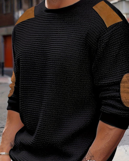 Men's Crewneck Pullover Sweater, Waffle Knit Elbow Patch