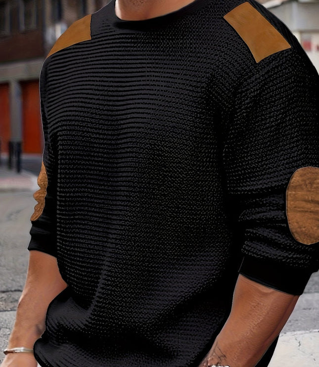 Men's Crewneck Pullover Sweater, Waffle Knit Elbow Patch