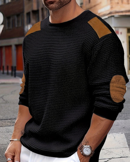 Men's Crewneck Pullover Sweater, Waffle Knit Elbow Patch