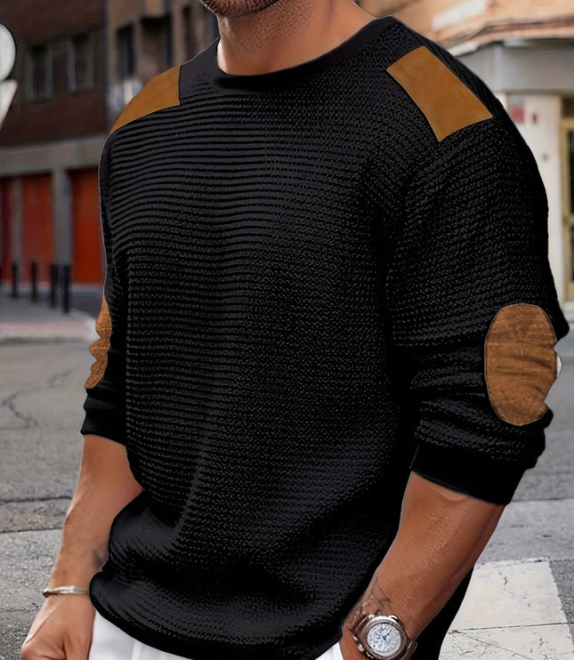 Men's Crewneck Pullover Sweater, Waffle Knit Elbow Patch