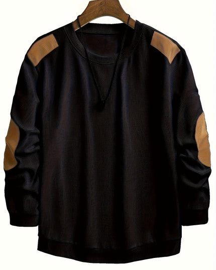 Men's Crewneck Pullover Sweater, Waffle Knit Elbow Patch