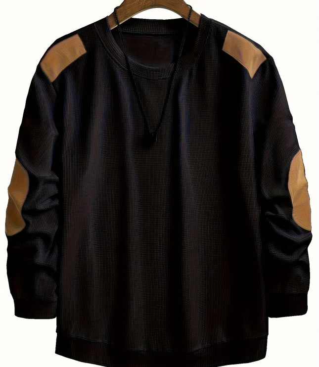 Men's Crewneck Pullover Sweater, Waffle Knit Elbow Patch