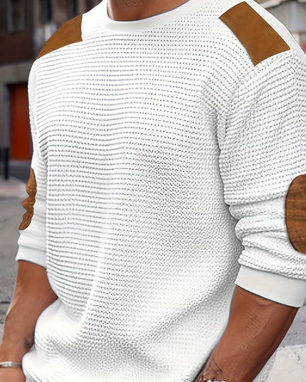 Men's Crewneck Pullover Sweater, Waffle Knit Elbow Patch