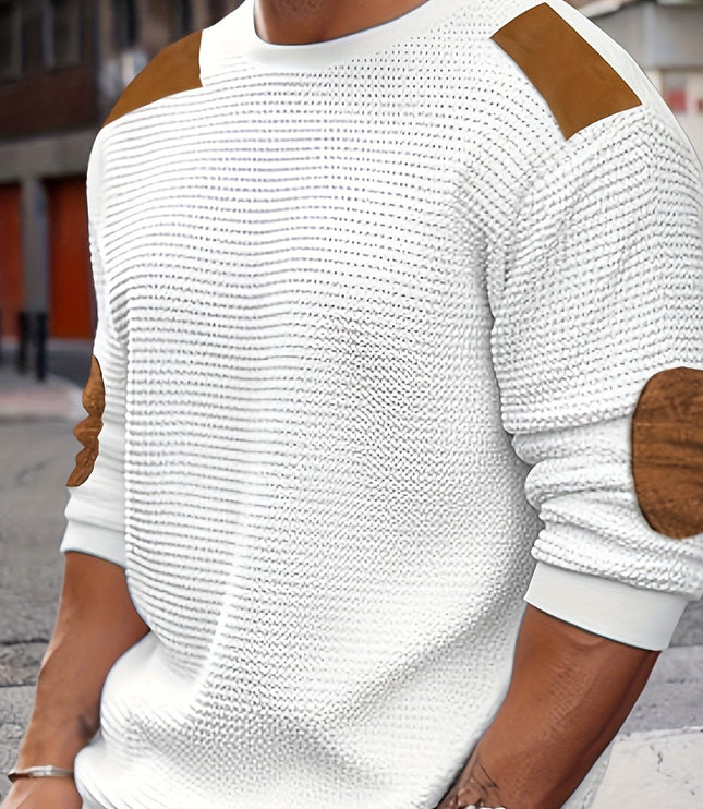 Men's Crewneck Pullover Sweater, Waffle Knit Elbow Patch