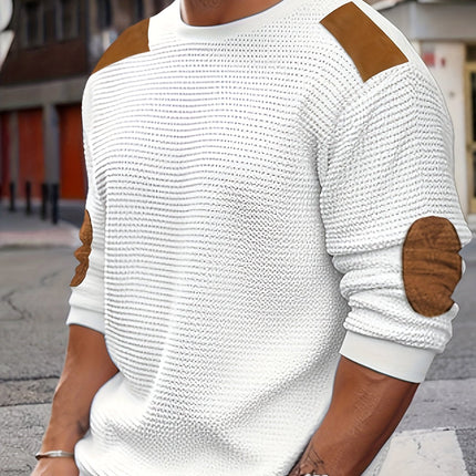 Men's Crewneck Pullover Sweater, Waffle Knit Elbow Patch
