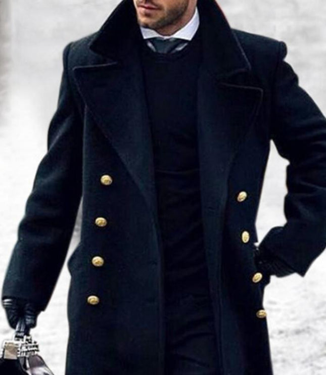 Men's Double Breasted Long Dress Coat in Winter Navy