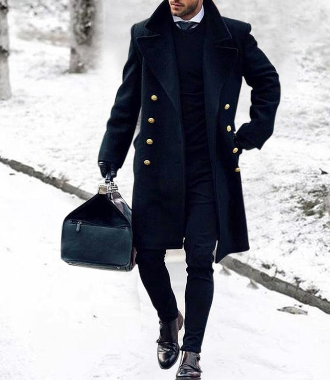 Men's Double Breasted Long Dress Coat in Winter Navy