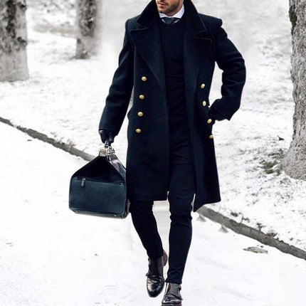 Men's Double Breasted Long Dress Coat in Winter Navy