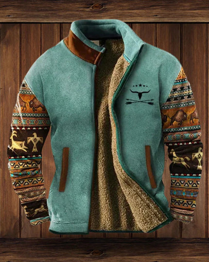 Men's Full Zip Cardigan Jacket, Sherpa Lined Aztec Print