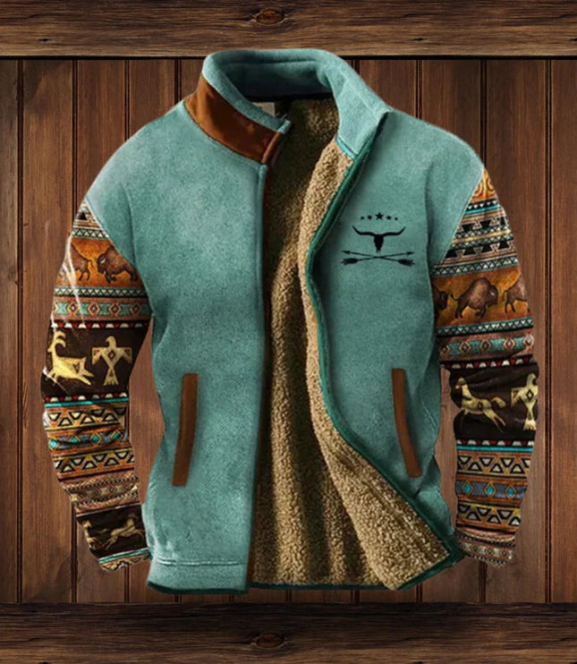 Men's Full Zip Cardigan Jacket, Sherpa Lined Aztec Print