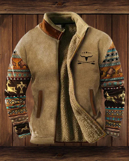 Men's Full Zip Cardigan Jacket, Sherpa Lined Aztec Print