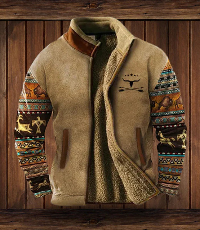 Men's Full Zip Cardigan Jacket, Sherpa Lined Aztec Print