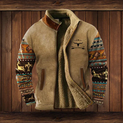Men's Full Zip Cardigan Jacket, Sherpa Lined Aztec Print
