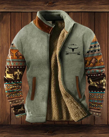Men's Full Zip Cardigan Jacket, Sherpa Lined Aztec Print