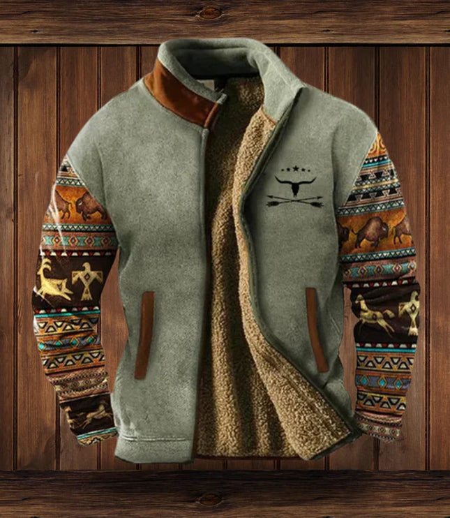 Men's Full Zip Cardigan Jacket, Sherpa Lined Aztec Print