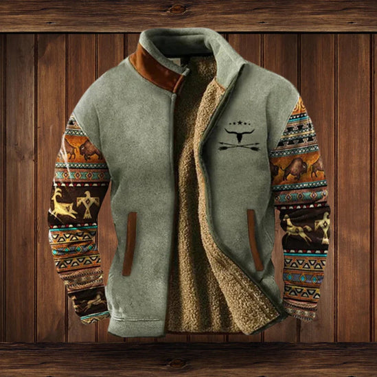 Men's Full Zip Cardigan Jacket, Sherpa Lined Aztec Print