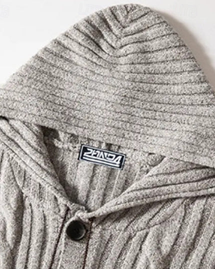 Men's Grey Hooded Cable Knit Sweater Cardigan Button Front
